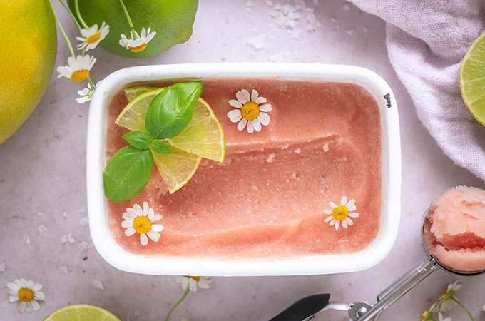 Red Pomelo Sorbet with Ginger and Basil