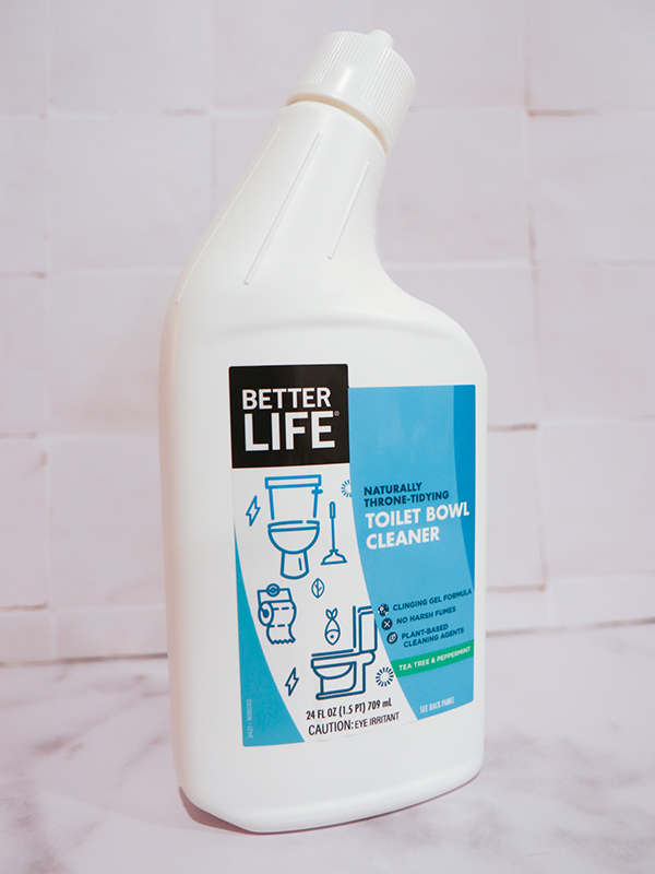 While and blue bottle of Better Life toilet bowl cleaner.