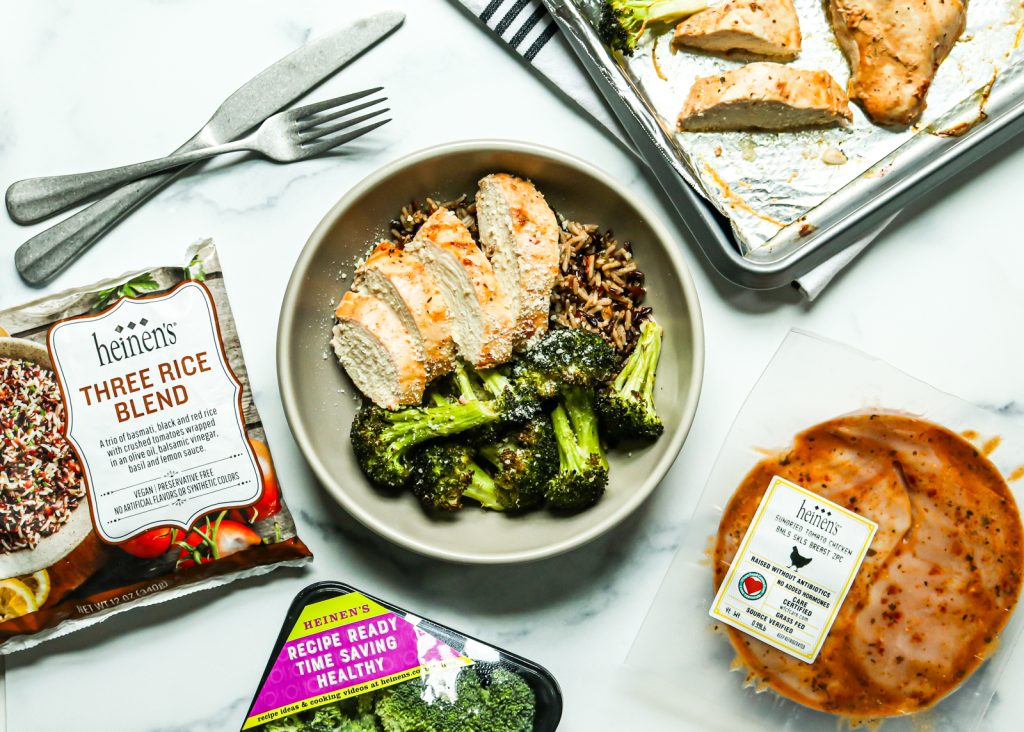 A chicken, broccoli, and rice meal made with Heinen's marinated meats.