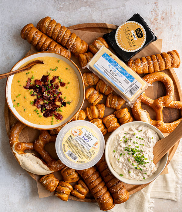 Heinen's Soft Pretzels and Homemade Dips on a Serving Board
