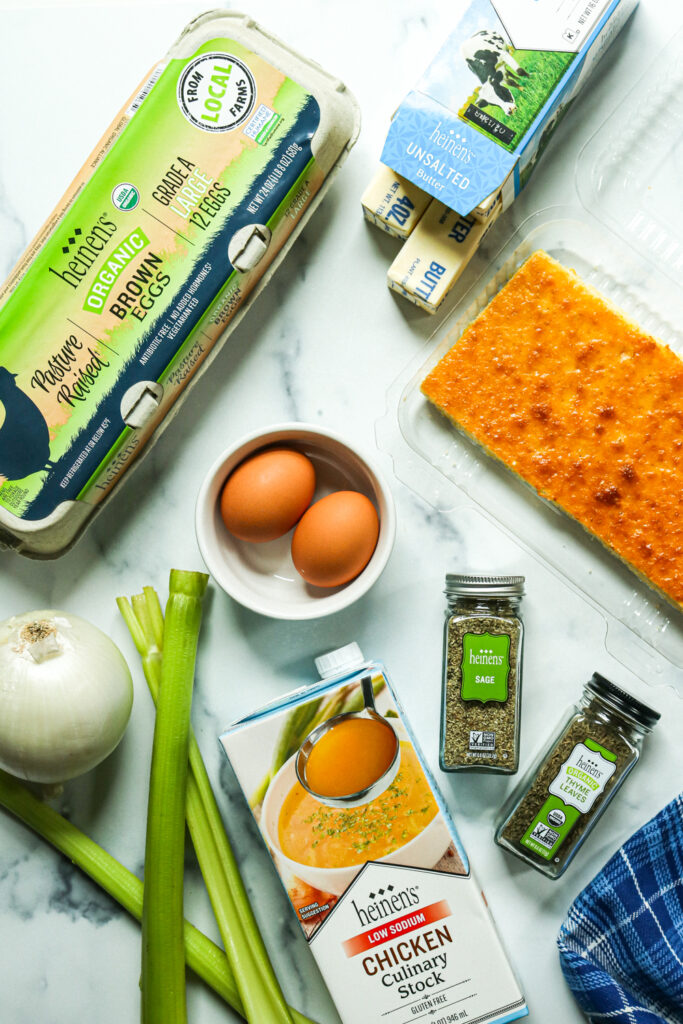 Ingredients for Cornbread Dressing including butter, eggs, celery, onion, chicken stock, sage, and thyme.