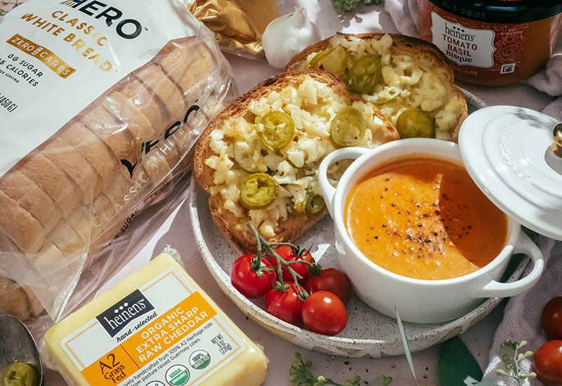 Cheesy Jalapeno Cauliflower Melt with Tomato Basil Bisque