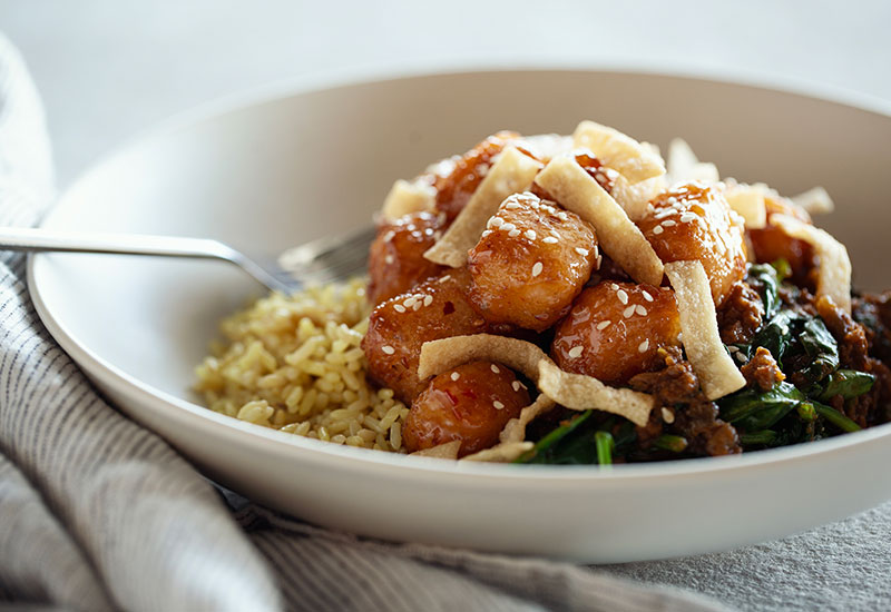 What’s For Dinner? Sweet Chili Glazed Tofu with Braised Spinach and Eggplant