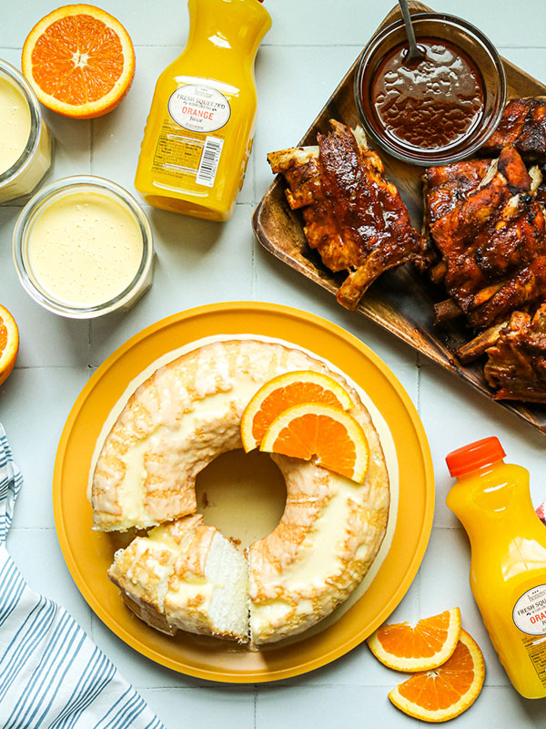 Slow Cooker Citrus BBQ Ribs, Orange Glazed Angel Food Cake and Orange Creamsicle Smoothie with Heinen's Fresh Squeezed Orange Juice Bottles