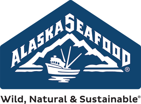 Alaska Seafood blue logo with a mountain and fishing boat that says "Wild, Natural & Sustainable."