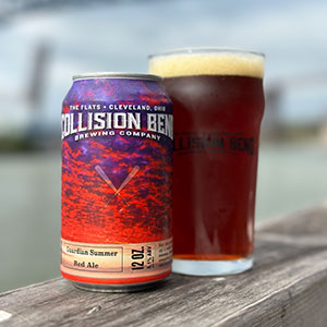 A Can and Glass of Imperial Red Summer Ale on a Dock at Lake Erie 
