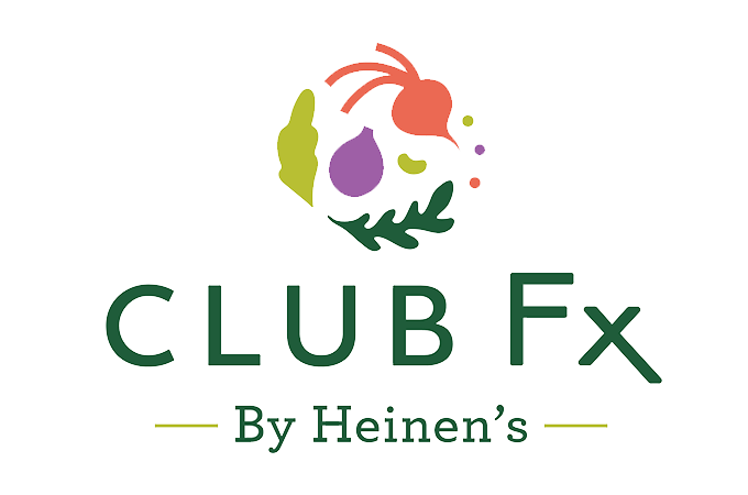 Club Fx logo that says "Club Fx by Heinen's" in green lettering with colorful veggies above the text.