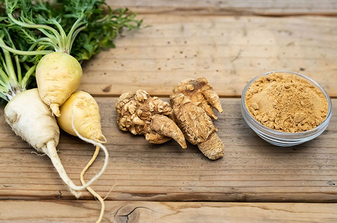 A Whole Maca Root and a Bowl of Maca Powder on a Root Surface