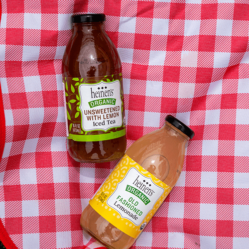 Heinen's Bottled Teas and Lemonades on a Red Checkered Background