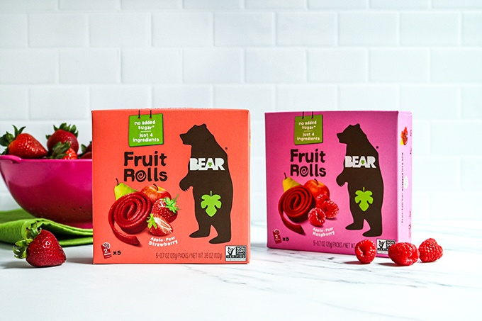 2 boxes of BEAR Fruit Rolls on a white countertop