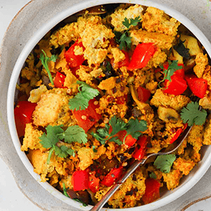 A Close Up Shot of a Tofu Mushroom Breakfast Scramble in a Bowl