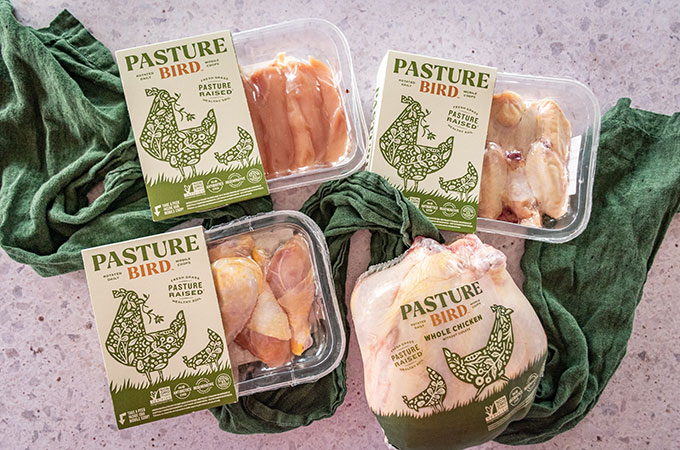 Packaged Pasturebird Chicken Products on a Counter