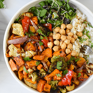 A Close Up Image of a Sweet Potato Tahini Bowl