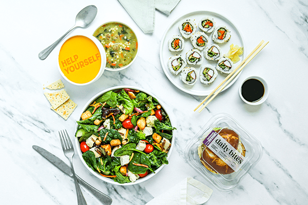 Heinen's Weekday Meal Deal Menu Items on a Marble Surface