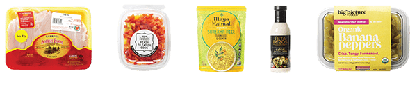 Chicken Shawarma Bowl ingredients including chicken breasts, diced rainbow peppers, brown rice, tahini dressing, and banana peppers.