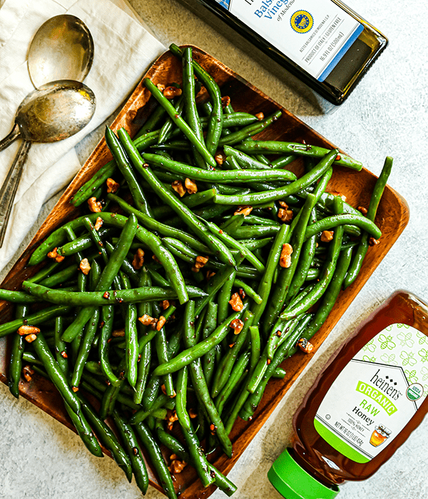 Balsamic Glazed Green Beans on a Sheet Pan with Chopped Nuts