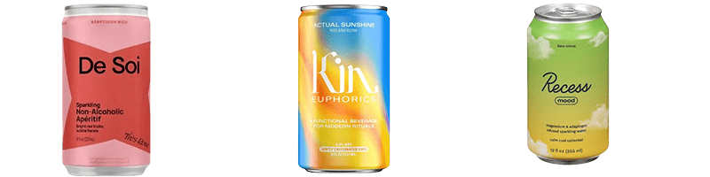 A Can De Soi Non-Alcoholic Apéritif, A Can of Kin Euphorics Non-Alcoholic Alternative Drink, and Recess Zero Proof Mocktails