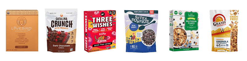 Boxes of Lovebird Cereal, Catalina Crunch Cereal, Three Wishes Cereal, Seven Sundays Cereal, Heinen's Organic Multigrain Flakes Cereal, and Grandy Organics Coconola Original Grain-Free Granola