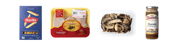 Spread of ingredients including penne pasta, chicken breasts, mushrooms, and a jar of marsala sauce.