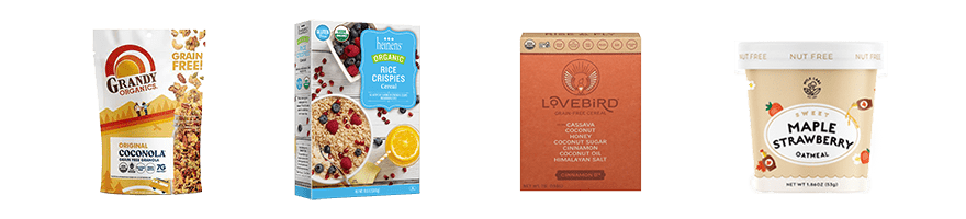 Gluten free cereal including Grandy Organics coconola, Heinen's organic crispy rice, Lovebird cereal and Mylk Lab oatmeal cup.