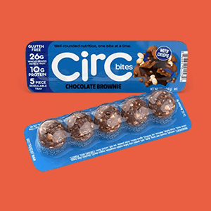Package of chocolate brownie CircC bites.
