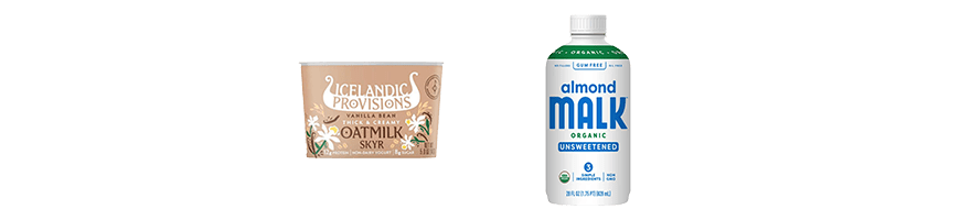 An Icelandic Provisions oat milk container and a Malk almond milk .