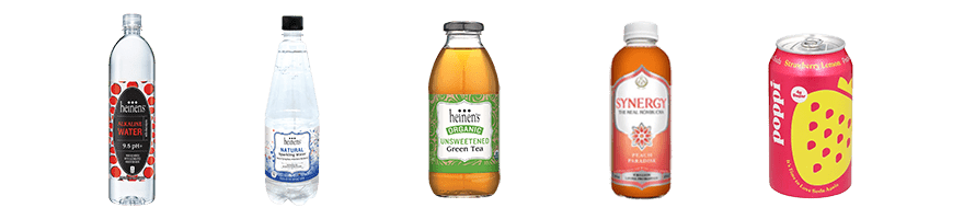 Beverage bottles and cans including alkaline water, sparkling water, unsweetened green tea, kombucha, and Poppi. 