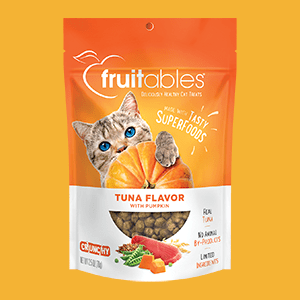 Tuna and pumpkin Fruitables packaged cat treats.