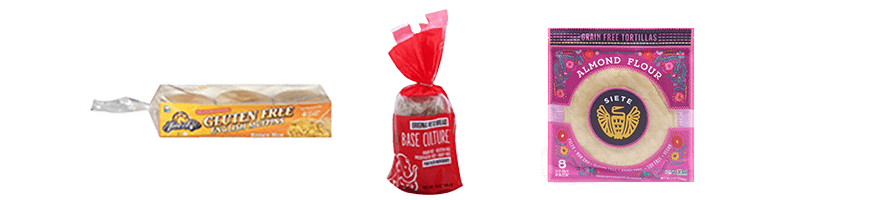 Gluten free bread and wraps including Food for Life English muffins, Base Culture bread and Siete tortillas.