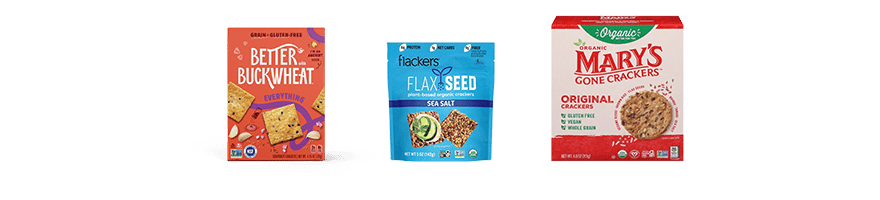 A Box of Better than Buckwheat Crackers, a Bag of Flackers Crackers, and a Box of Marys Gone Crackers