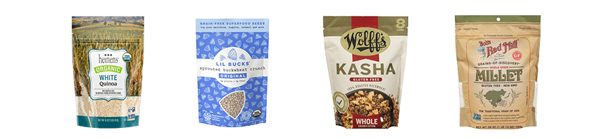 Gluten free grains including Heinen's quinoa, Lil Bucks buckwheat, Wolff's kasha, and Bob's Red Mill millet.