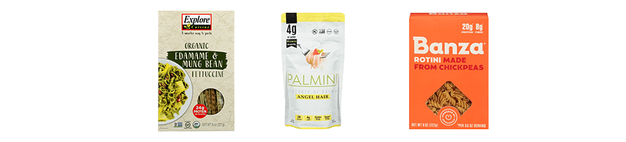 Gluten Free Pasta including Explore Cuisine edamame pasta, Banza chickpea pasta and Palmini hearts of palm pasta.