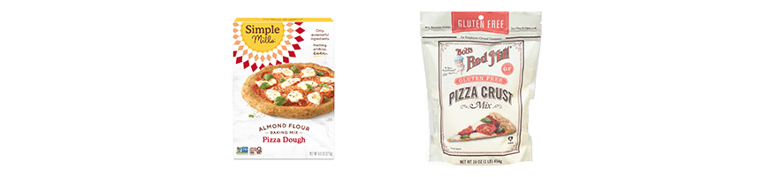 Gluten free pizza crusts including Simple Mills pizza dough and Bob's Red Mill pizza crust mix.