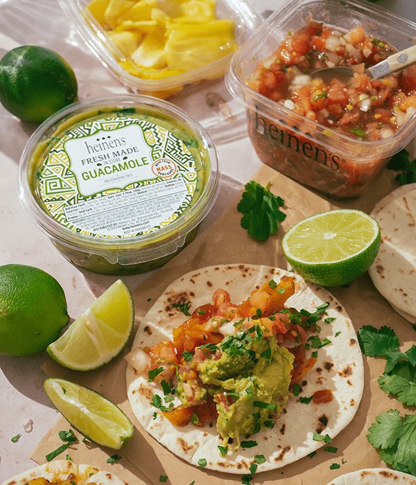 Jackfruit carnitas on a flour tortilla, topped with Heinen's fresh-made guacamole and Pico de Gallo. 