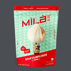 Package of pork Mila frozen soup dumplings.