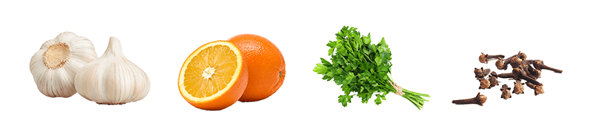 Natural preservatives including garlic, oranges, parsley and clove.