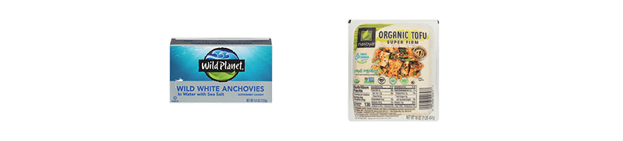 Box of Wild Planet anchovies and a package of Nasoya organic tofu.