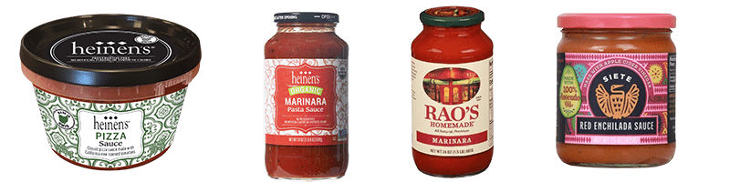 Heinen's Pizza Sauce, Heinen's Marinara Sauce, Rao's Marinara Sauce, and Siete Red Enchilada Sauce