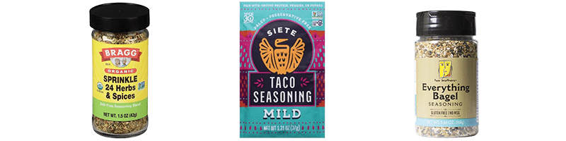 A Bottle of Bragg Seasoning, a Packet of Siete Taco Seasoning, and a Bottle of Two Brothers Everything Bagel Seasoning