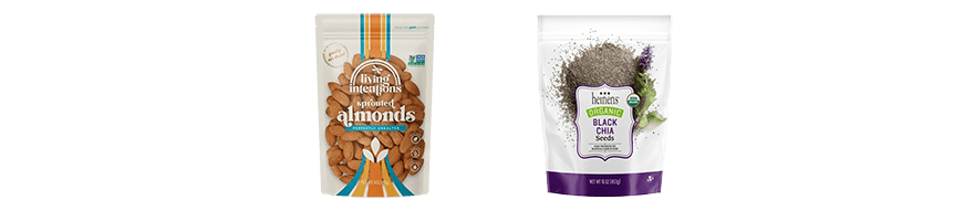 Bags of Living Intentions sprouted almonds and Heinen's organic black chia seeds.
