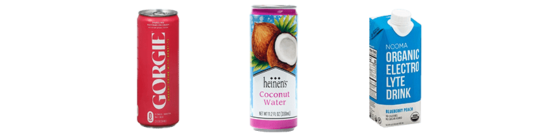 A Can of Gorgie, A Can of Heinen's Coconut Water, and A Carton of Nooma Organic Electrolyte Drink