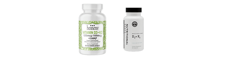 Bottles of Heinen's and Nutritional Roots D3 + K2 Supplements