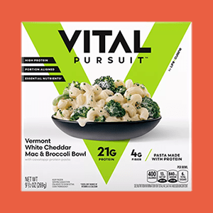 Package of Vermont white cheddar mac & broccoli bowl by Vital Pursuit.