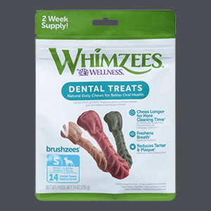Package of Whimzees dental treats for small dogs.