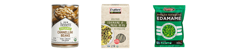A can of Heinen's organic cannellini beans, a box of Explore Cuisine edamame and mung bean pasta, and a bag of Seapoint shelled edamame.