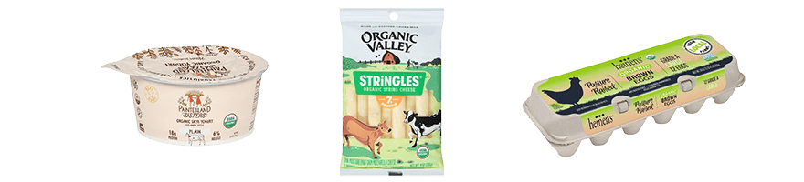 Dairy and egg protein foods including: Painterland Sisters sky, Organic Valley string cheese, and Heinen's pasture-raised eggs.
