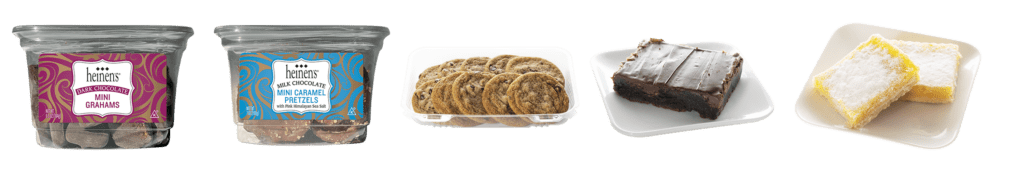 Picnic Desserts Including Heinen's Chocolate Covered Grahams, Heinen's Chocolate Mini Pretzels, Heinen's All Butter Chocolate Chip Cookies, Two Brothers Premium Fudge Brownies, and Heinen's Lemon Bars