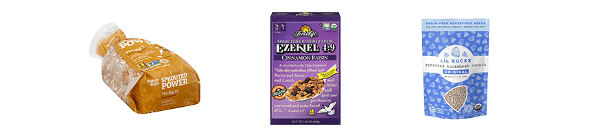 Protein grains and seeds including Silver Hills sprouted bread, Ezekiel sprouted cereal, and Lil Bucks buckwheat crunch.