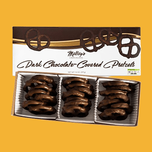 Box of Malley's Dark Chocolate Covered Pretzels.
