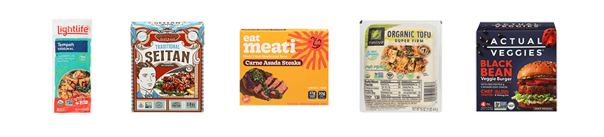 Meat alternatives including Lightlife tempeh, Upton's Naturals seitan, Meati carne asada steak, Nasoya tofu, Actual Veggies veggie burgers.